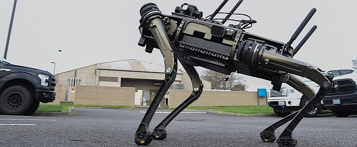Ghost Robotics robot dog on the grounds of the Portland Air National Guard Base