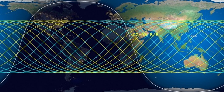 Possible area where debris from the Long March 5B rocket falling toward Earth will land