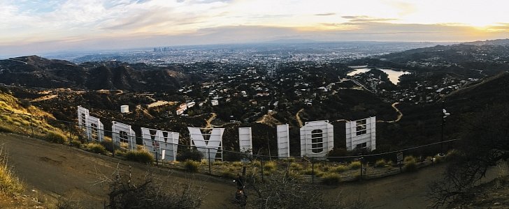 View of Los Angeles from behind the Hollywood sign