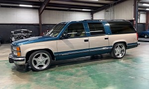 Lowered 1993 Chevy Suburban Rides Posh on Billets Like a Fat, Teal and Tan Ballerina