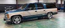 Lowered 1993 Chevy Suburban Rides Posh on Billets Like a Fat, Teal and Tan Ballerina