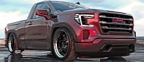 Lowered GMC Sierra “Shorty” Hits a CGI Sweet Spot With Red-Tinted Carbon Body