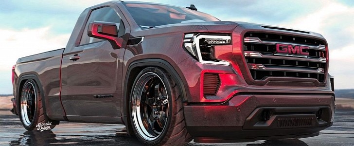 Lowered GMC Sierra Shorty red carbon fiber body rendering by abimelecdesign 