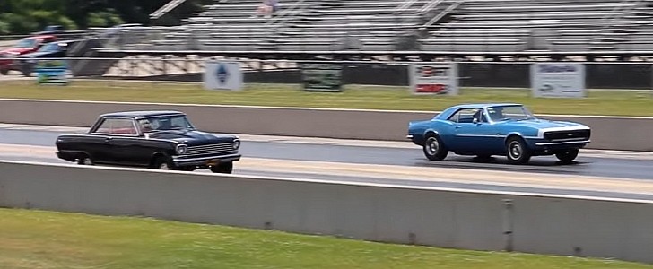 1967 Chevrolet Camaro vs 1963 Nova drag race