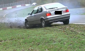 Lucky BMW E36 Compact Misses Nurburgring Guard Rail by a Hair