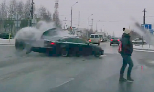 Lucky Pedestrian Narrowly Missed by Crashing Cars
