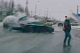 Lucky Pedestrian Narrowly Missed by Crashing Cars