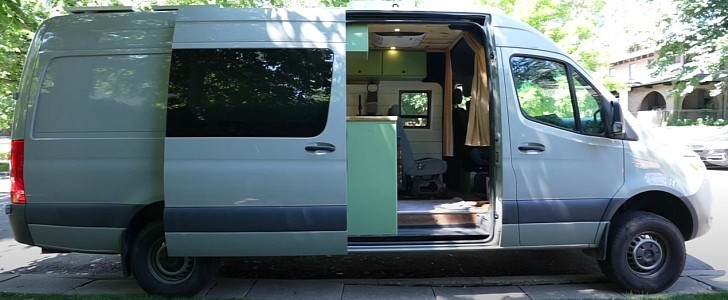 Cleverly-designed Sprinter van has two queen-size beds and a hidden hot shower