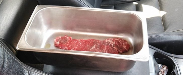 Man cooked this steak inside his car, which was parked in the shade on hot Australian day