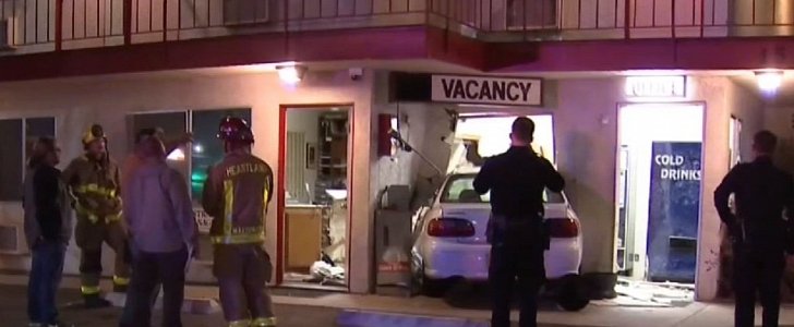 Chevy crashed into motel building on purpose, in El Cajon, California