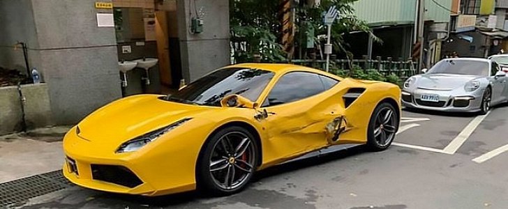 One of the 3 Ferraris a young man damaged after falling asleep at the wheel of his Mitsubishi, in Taiwan