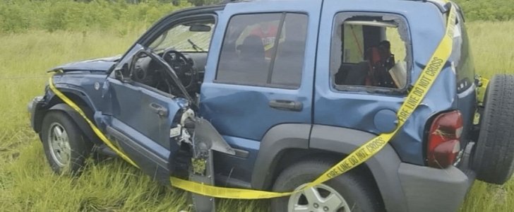 Jeep Liberty goes airborne in tornado and gets hurled at its owner