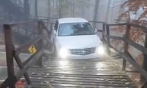Man Gets His Cadillac Stuck in Wooden Bridge on a Hiking Trail