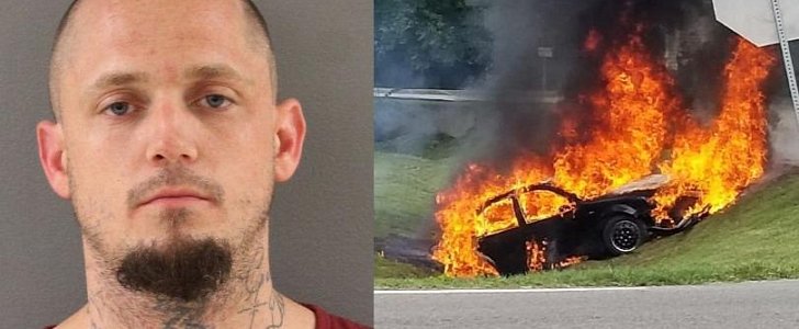 Robber flees police in car, drives hanging out the window when it catches fire