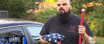 Man Risks His Life in Heavy Traffic to Pick Up American Flag on the Highway