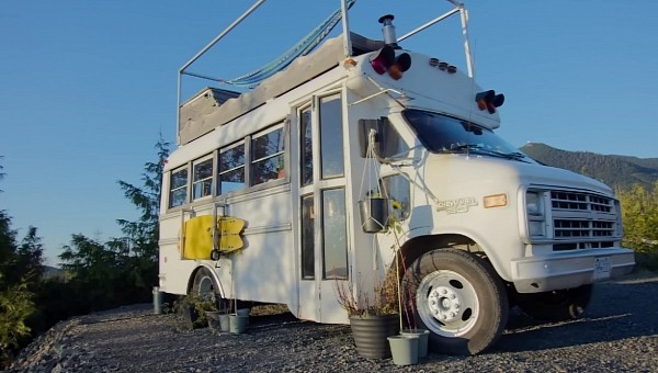 Bodhi is a 1990 Chevy Van 30 Thomas school bus turned tiny home on wheels