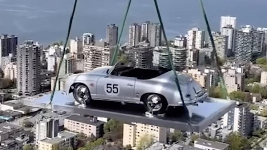 Porsche 356 Speedster lifted to a luxury condo at the 58th floor