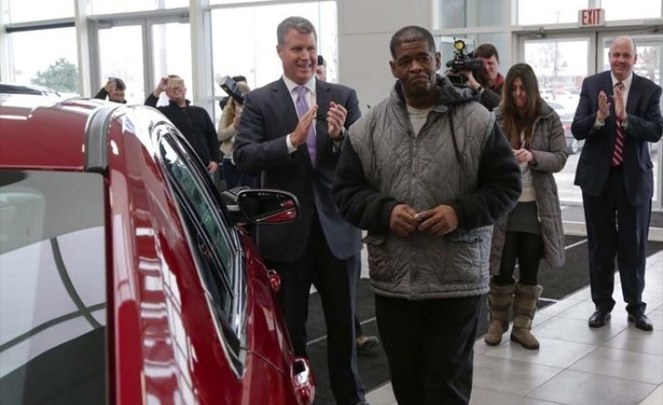 The moment James Robertson came to pick up his new Ford Taurus he was gifted with from by a Ford dealership