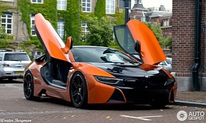 Manhart’s BMW i8 Wrapped in Orange and Black Spotted in the Netherlands