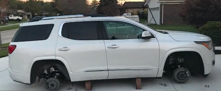 Man's GMC Acadia Denali stripped off of expensive rims right in his driveway