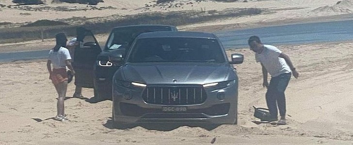 Maserati Levante gets stuck on a beach