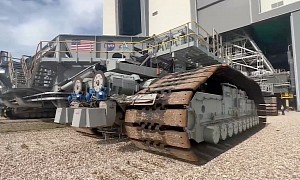 Massive, Tracked Crawler Transporter Moving In to Carry SLS to the Launch Pad