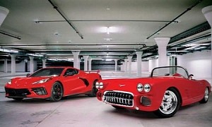 Matching-Red C1 and C8 Corvette Blend Restomod Cool With Mid-Engine Punch for $3