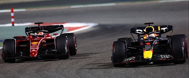 Max Verstappen fighting with Charles Leclerc in Bahrain, 2022
