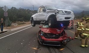 Mazda Pickup Lands on Top of Honda CR-V in 3-Car Crash, No One Is Injured