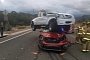 Mazda Pickup Lands on Top of Honda CR-V in 3-Car Crash, No One Is Injured