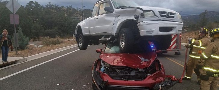 Arizona crash sees Mazda pickup land on top of Honda CR-V
