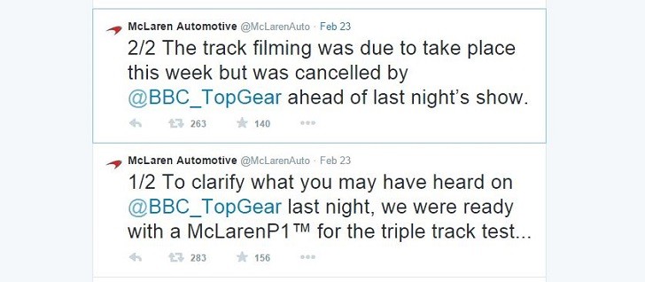 McLaren tweets about Top Gear challenge