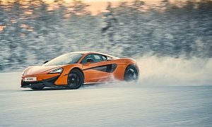 McLaren-style White Christmas: 570S Driven On Frozen Lake and Snow Tracks