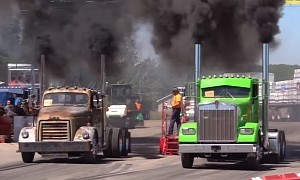 Mean Green Kenworth W900 Races Vintage Jeepers Creepers-looking GMC Semi, Shock and Awe