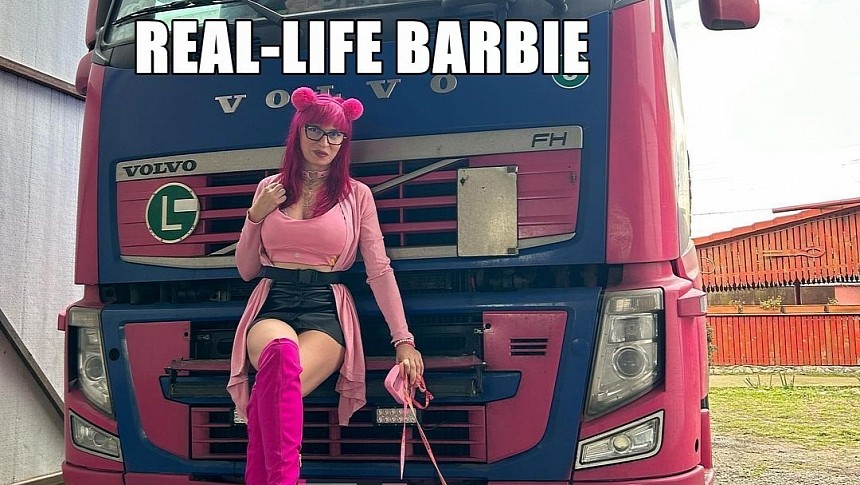 Trucker Barbie is an experienced truck driver from Romania, driving the pinkest, most girlish Volvo truck around