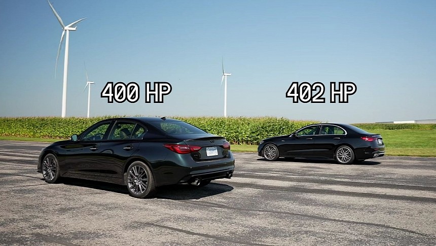 New Mercedes C43 AMG vs Infiniti Q50 RedSport, no replacement for displacement? Drag & Roll Race
