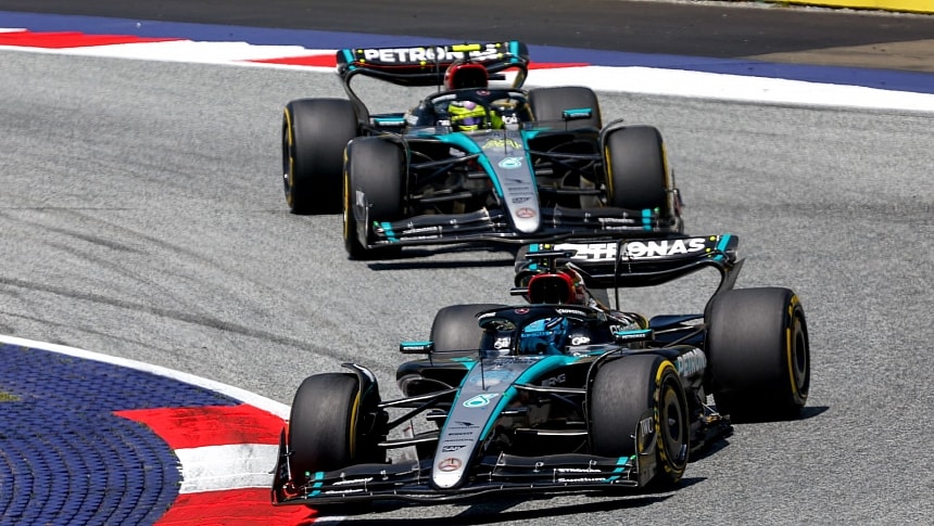 George Russell leading teammate Lewis Hamilton at the Red Bull Ring