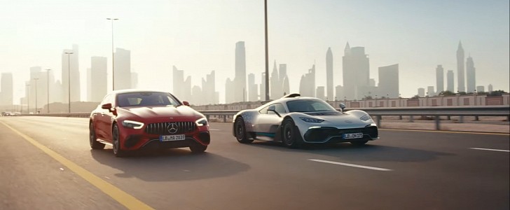Mercedes-AMG ONE driving alongside the GT 63 S E Performance