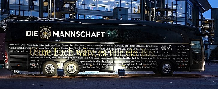 Mercedes' football team bus drives footballers to a game for the last time 