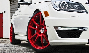 Mercedes C63 AMG on Candy Red HRE Wheels