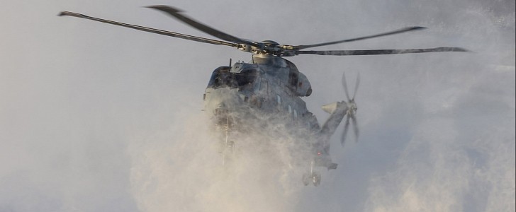 Merlin helicopter hiding in the snow cloud