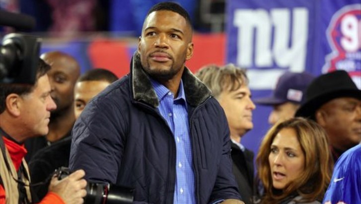 The former defensive end Michael Strahan on the sidelines before a game against the Indianapolis Colts at MetLife Stadium