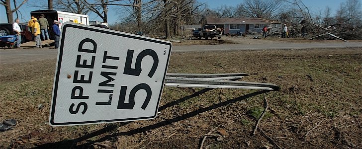 Speed limit sign in Polk County after it was knocked over by a tornado