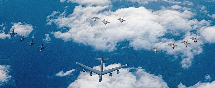 B-52H Stratofortress, F-35s and Mitsubishi F-2s over the Pacific
