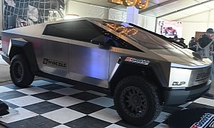 Modded Tesla Cybertruck on BFG Tires Catches the Action in the Mint 400's VIP Tent