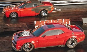 Modern Plymouth Cuda Drag Races Twin-Supercharged Dodge Challenger in Hot Render