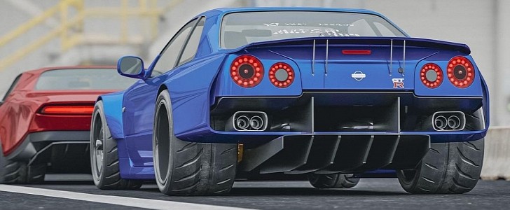 R34 Nissan GT-R with widebody exhaust (rendering)