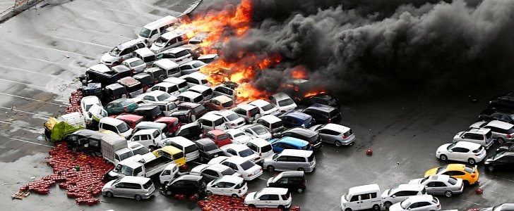 Over 100 cars burn in Japan at storage site during Typhoon Jebi
