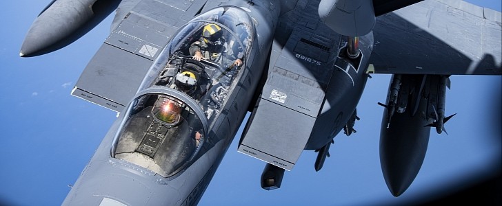 An F-15E Strike Eagle receives fuel from a KC-135 Stratotanker, during Checkered Flag 2021