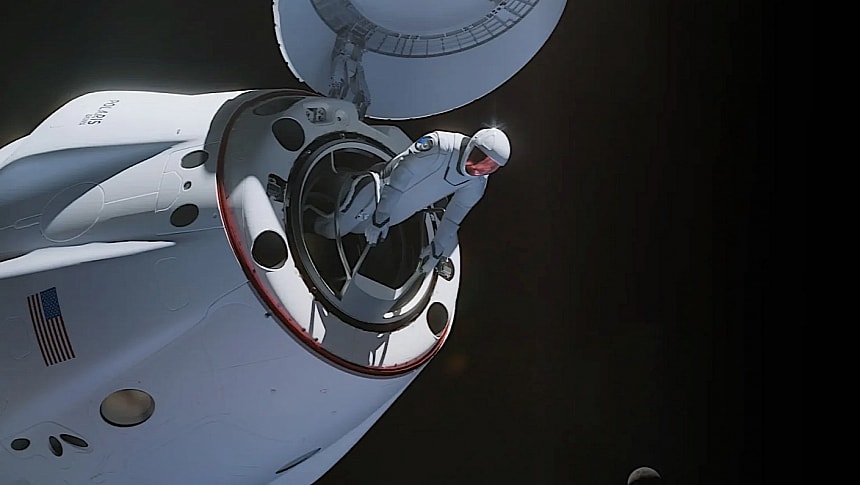 Rendering of SpaceX astronaut leaving exiting the Crew Dragon